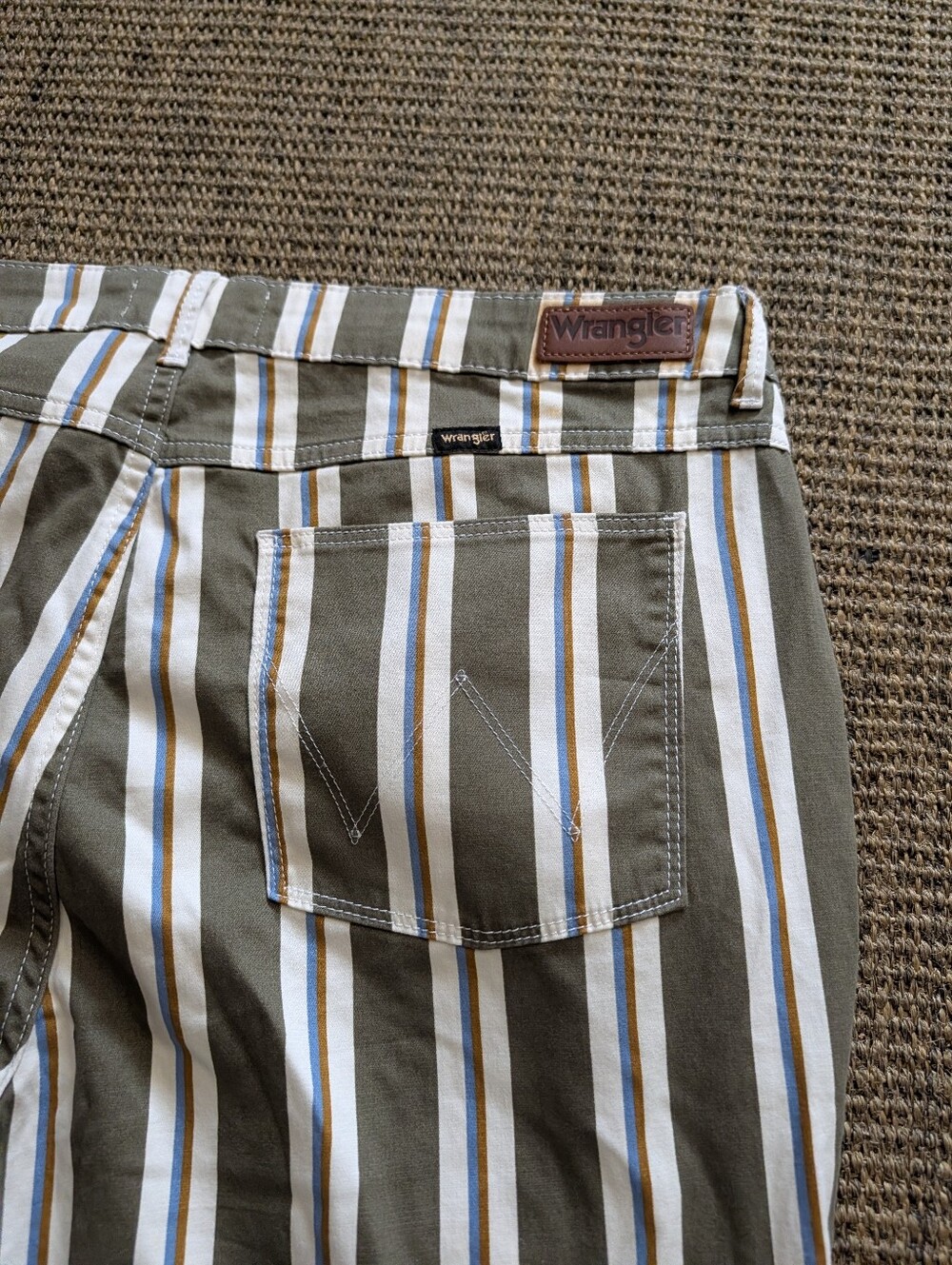 Wrangler Retro Moss Green Blue Mustard Stripe High Rise Flare Jeans Size 18 - Picture 11 of 12